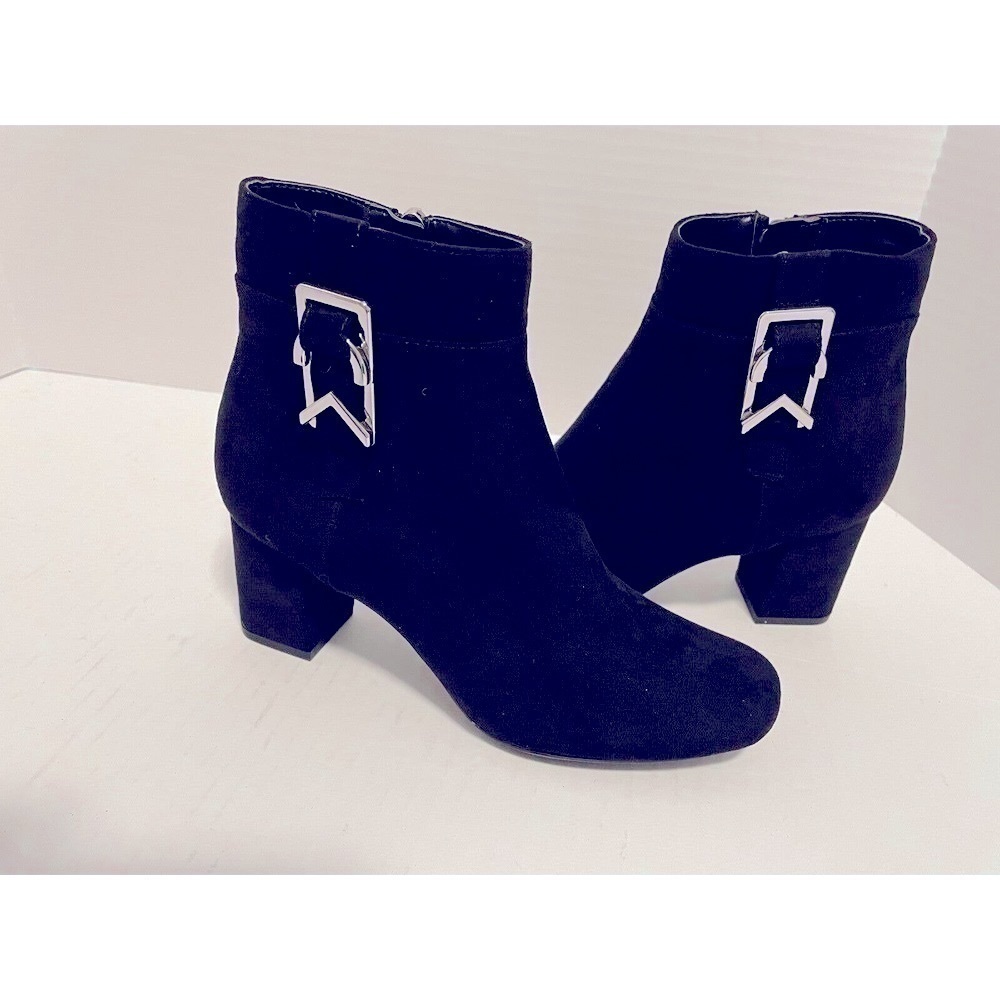 Calvin Klein Suede Ankle Boots, Silver Buckle Accent, Side Zip Closure Size 6